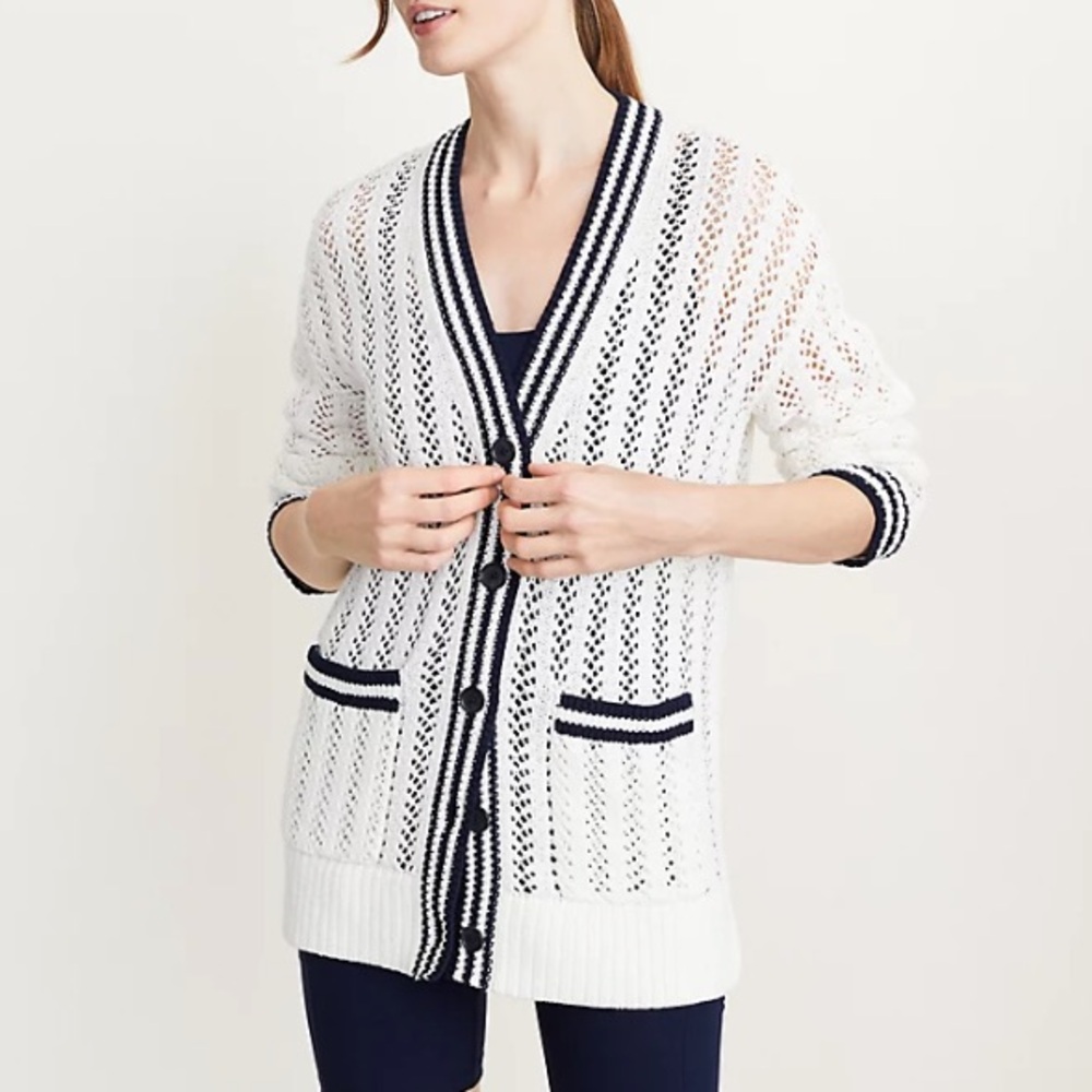 Loft Lou & Grey Tipped Mesh V-Neck Pocket Cardigan- EUC size XL